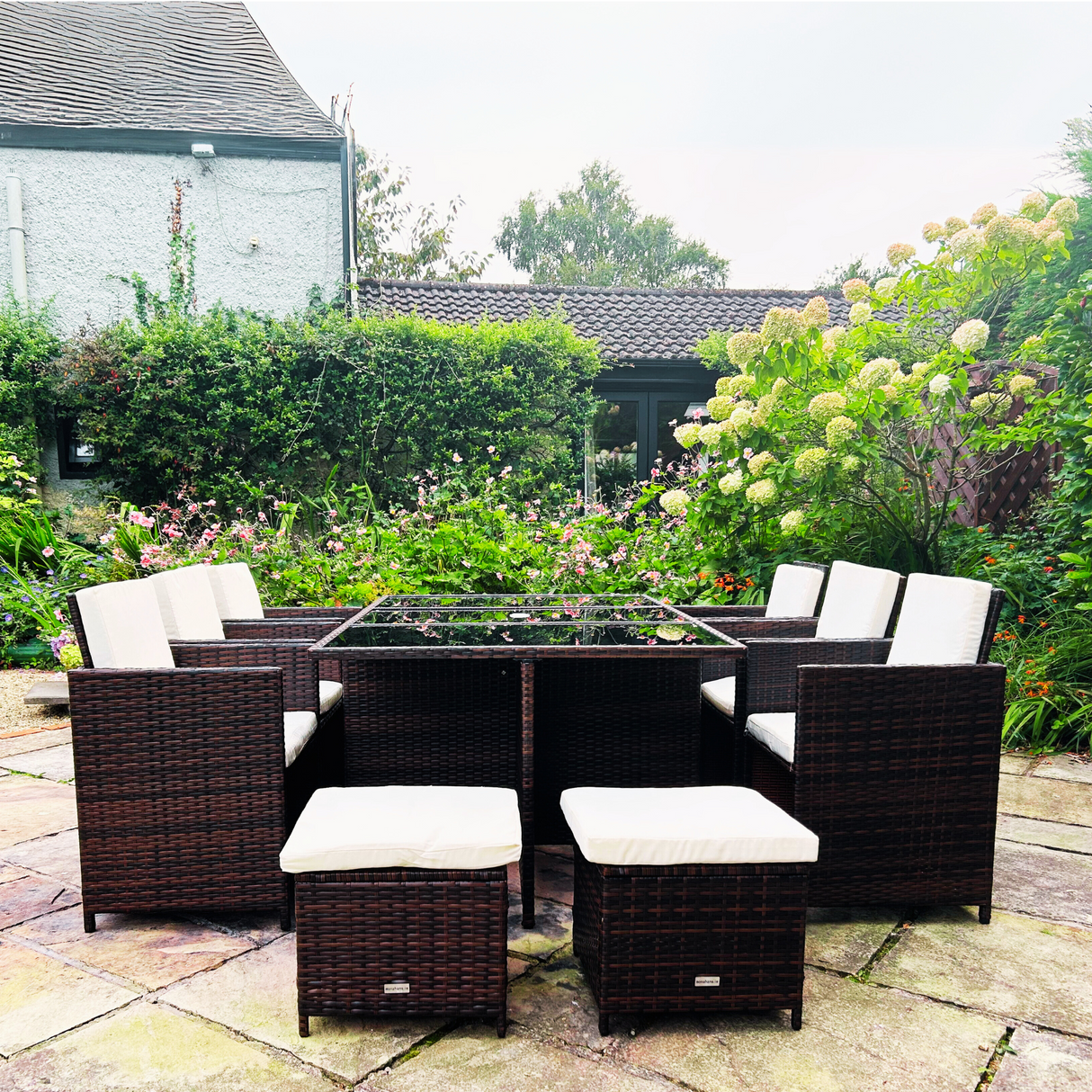 11 Piece Rattan Cube Dining Set in Brown
