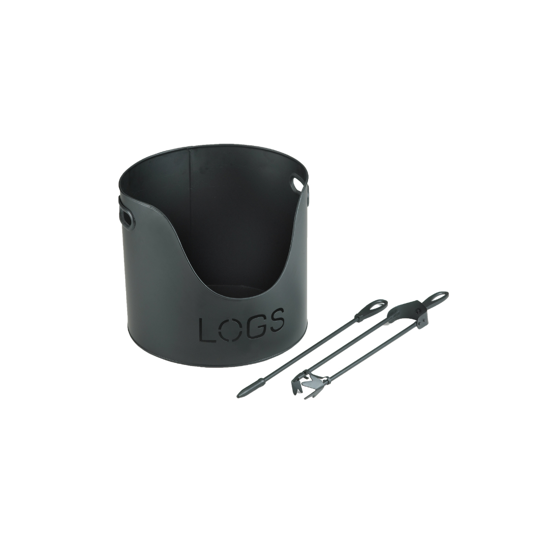 Black Log Bucket With Tongs and Poker