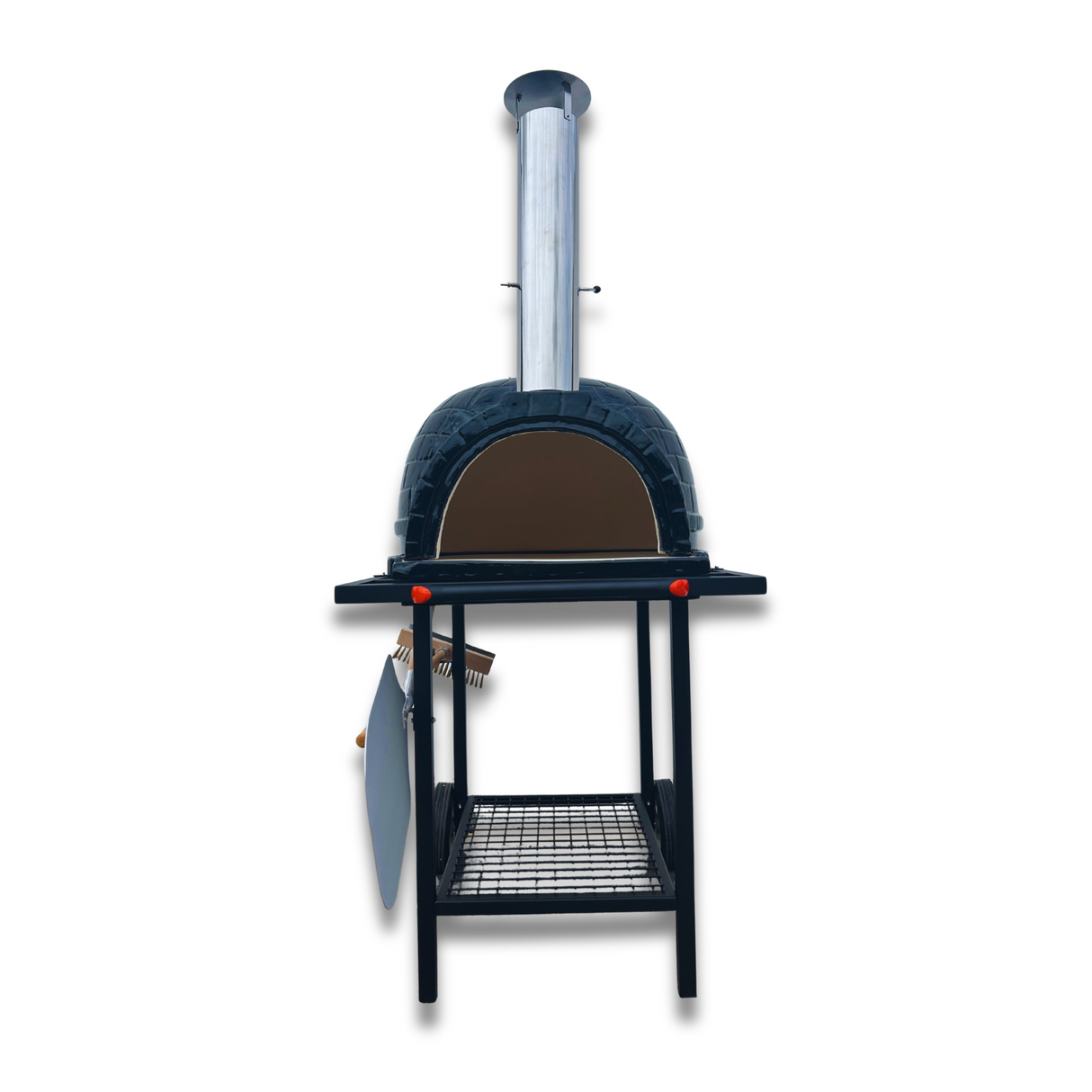 Wood-fired pizza oven with metal stand on a white background