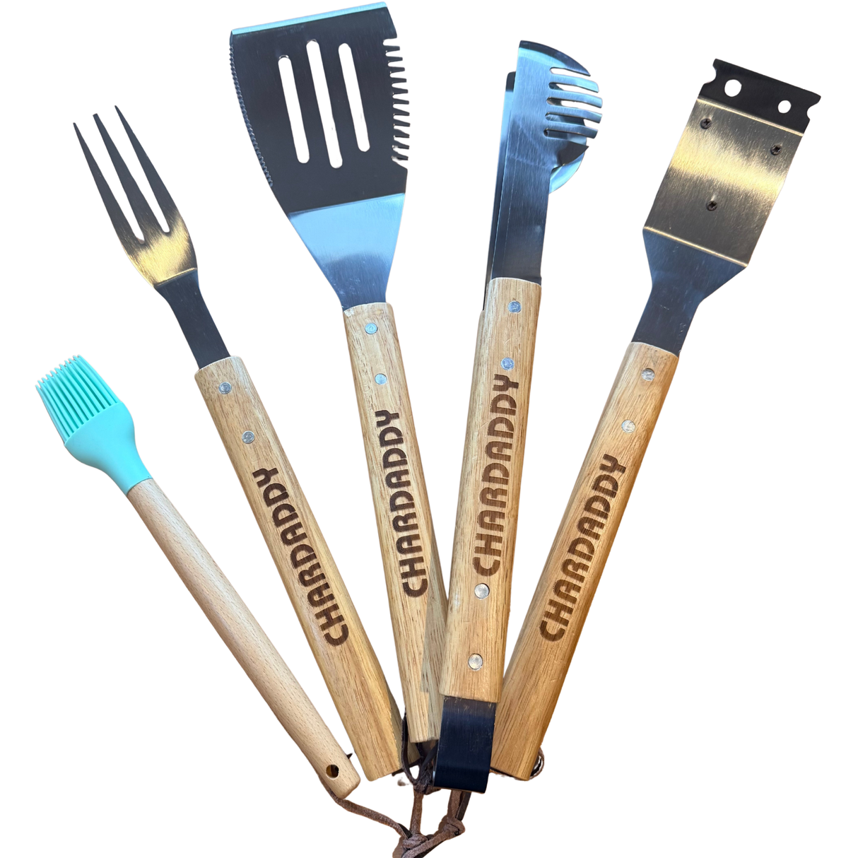 Set of barbecue tools with wooden handles and blue accents, branded 'CHARDADDY'.
