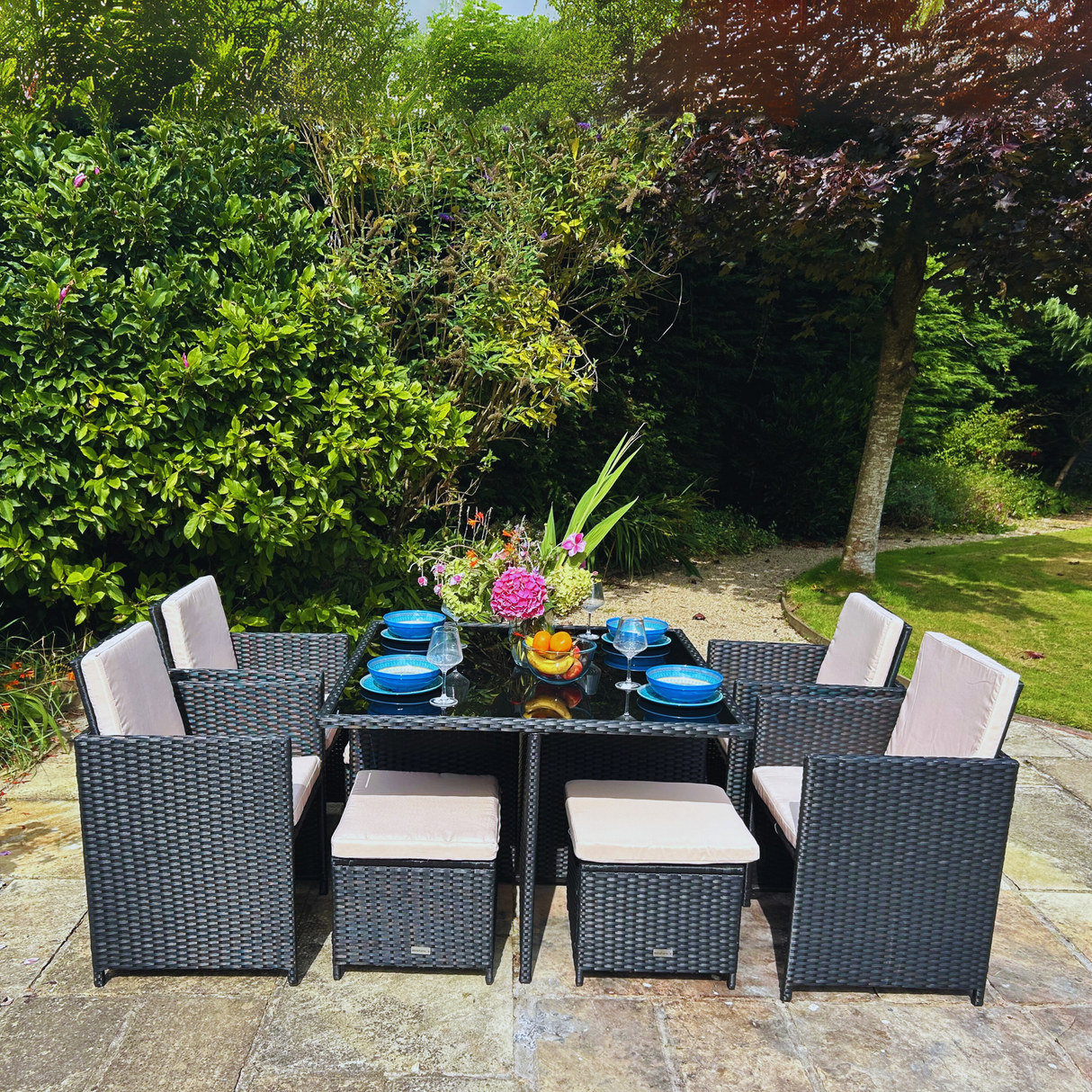 9 Piece Rattan Cube Dining Set - Black
