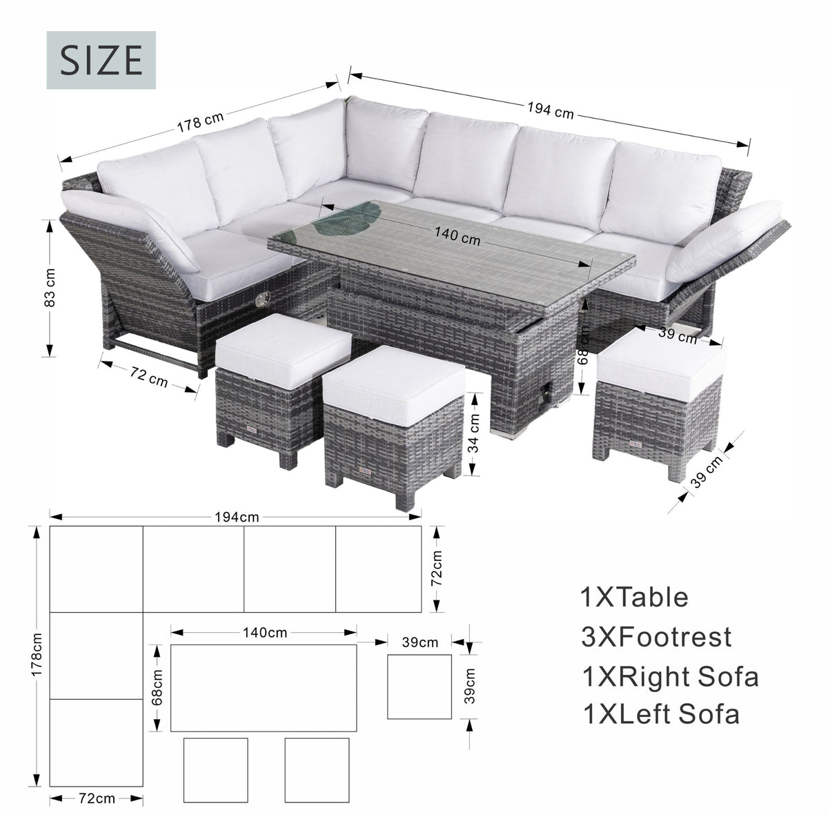 9 Seater Aluminium Recliner Sofa Set - Grey