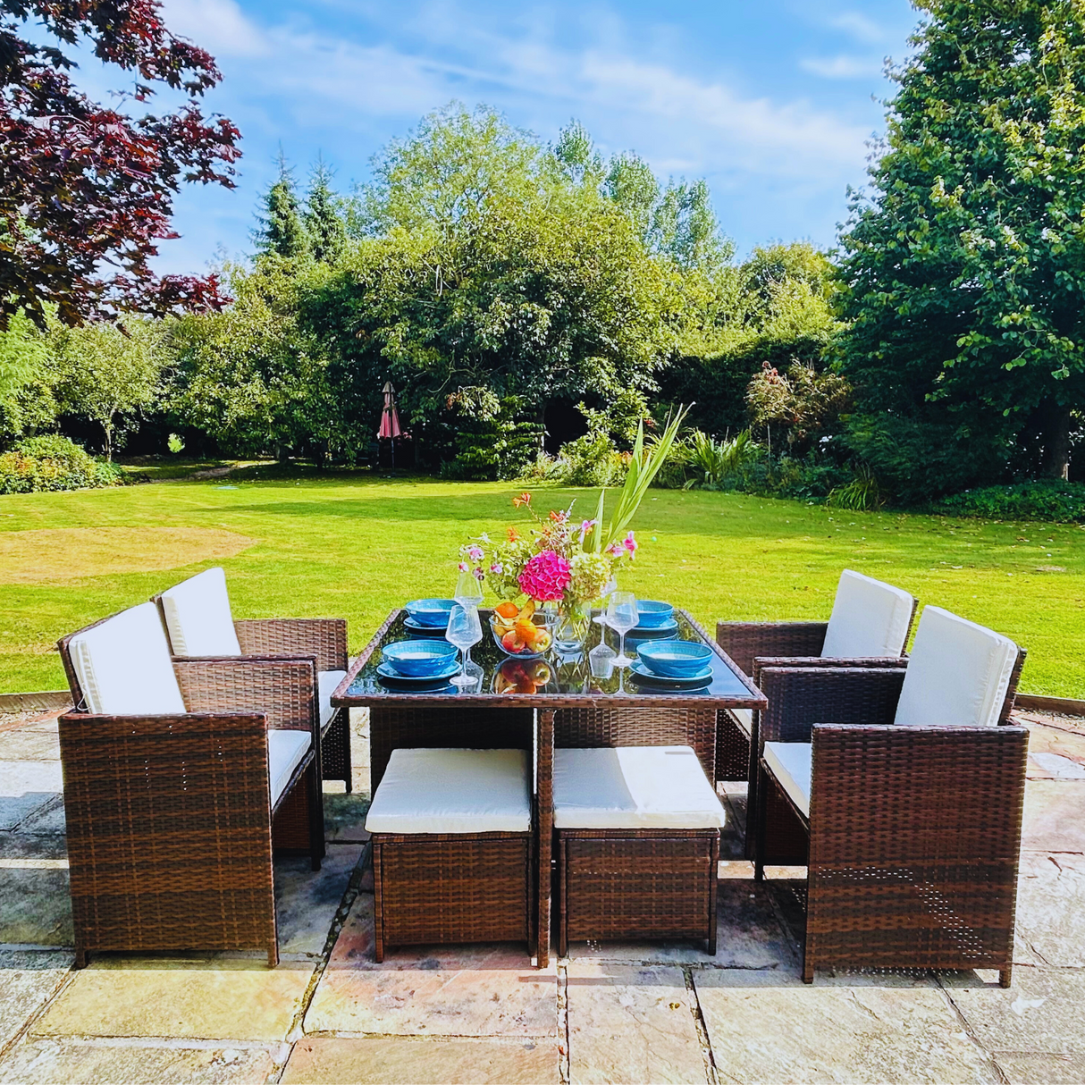 9 Piece Cube Rattan Dining Set - Brown
