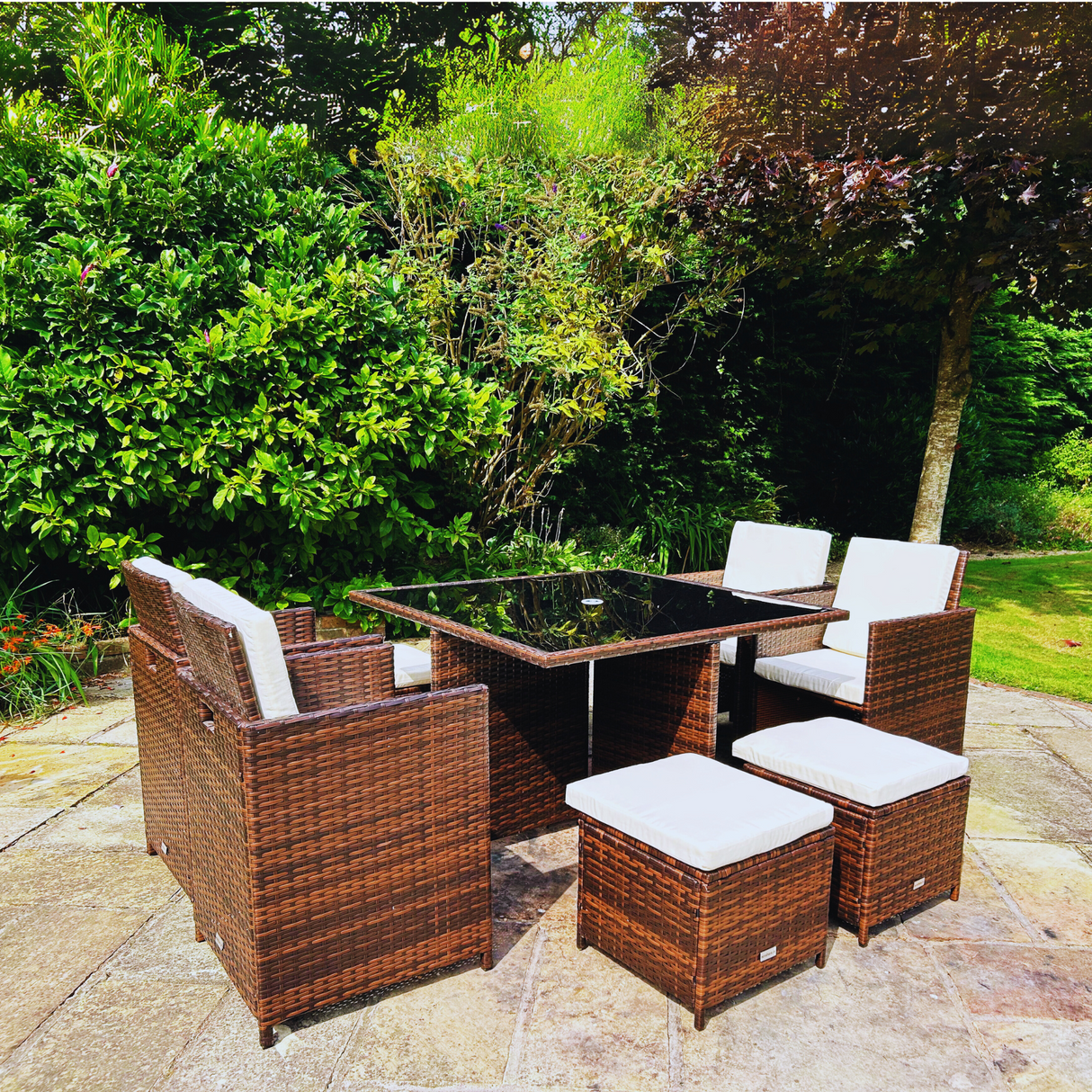 9 Piece Cube Rattan Dining Set - Brown