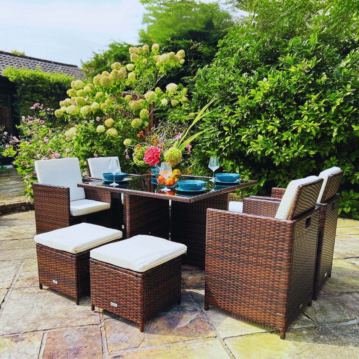 9 Piece Cube Rattan Dining Set - Brown