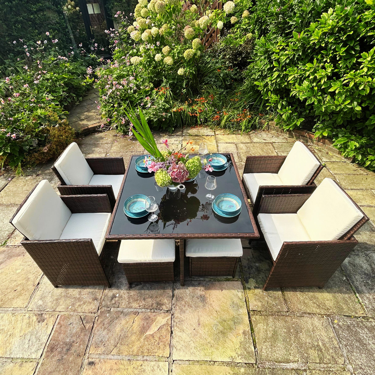 9 Piece Rattan Brown Cube Dining Set
