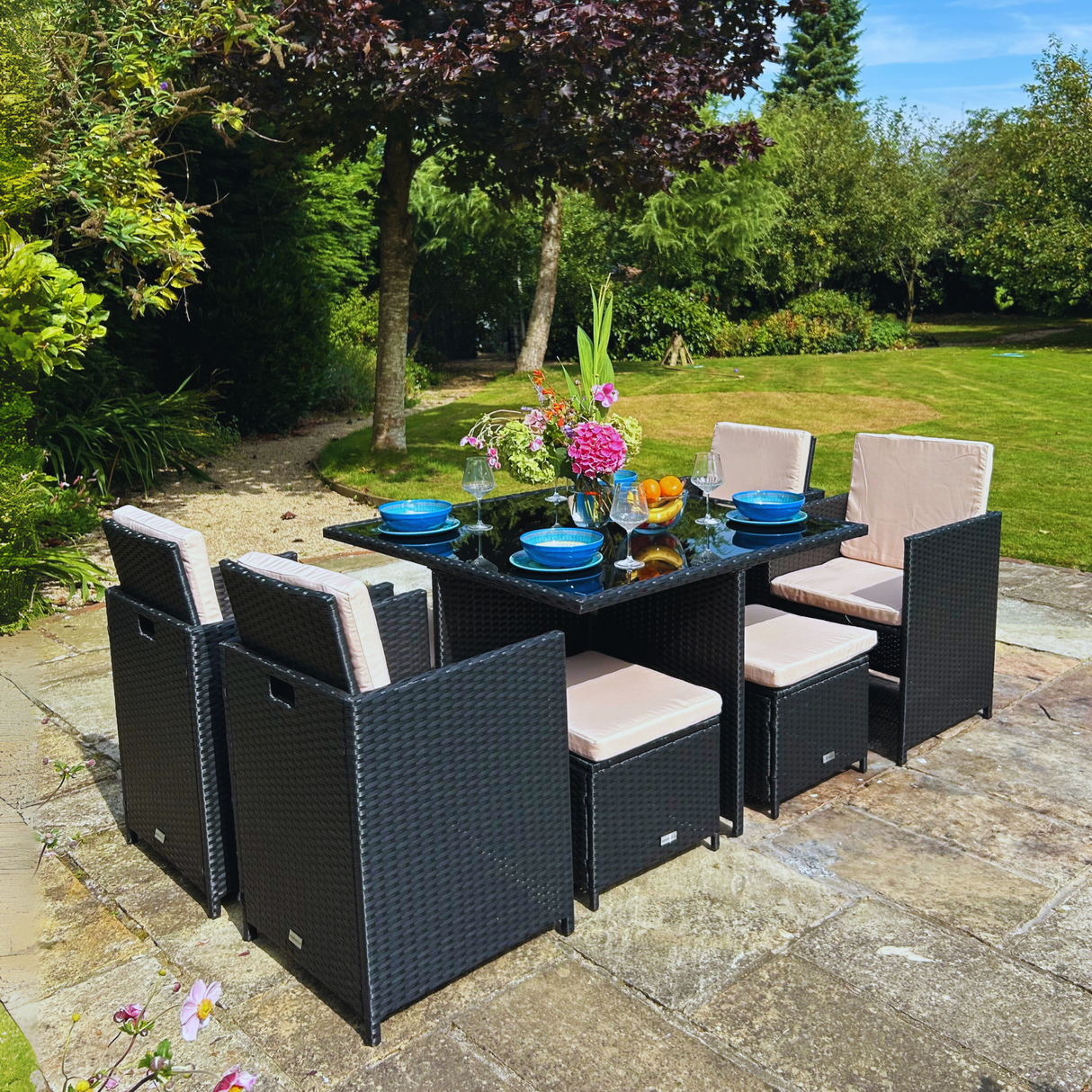 9 Piece Rattan Cube Dining Set - Black