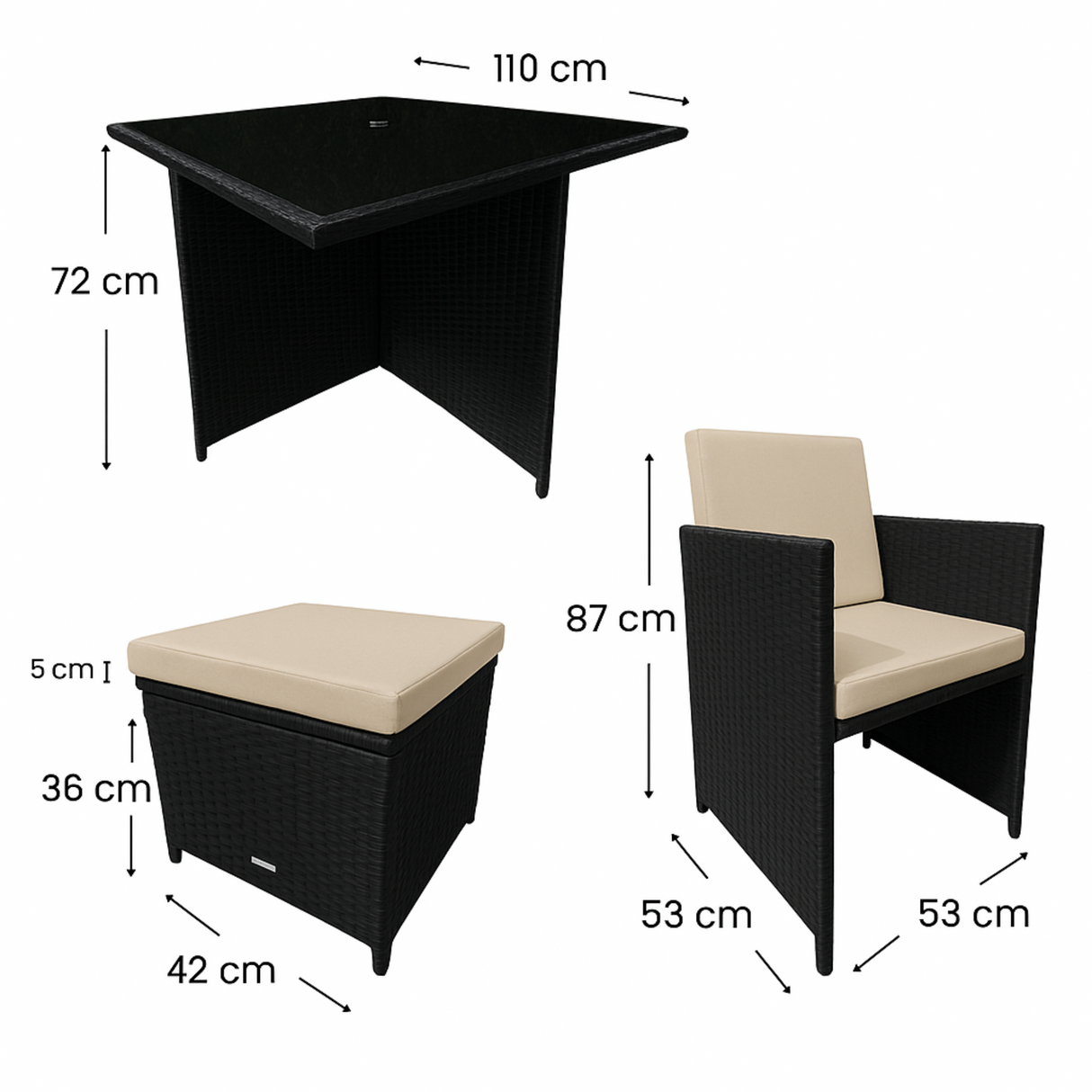 9 Piece Rattan Cube Dining Set - Black