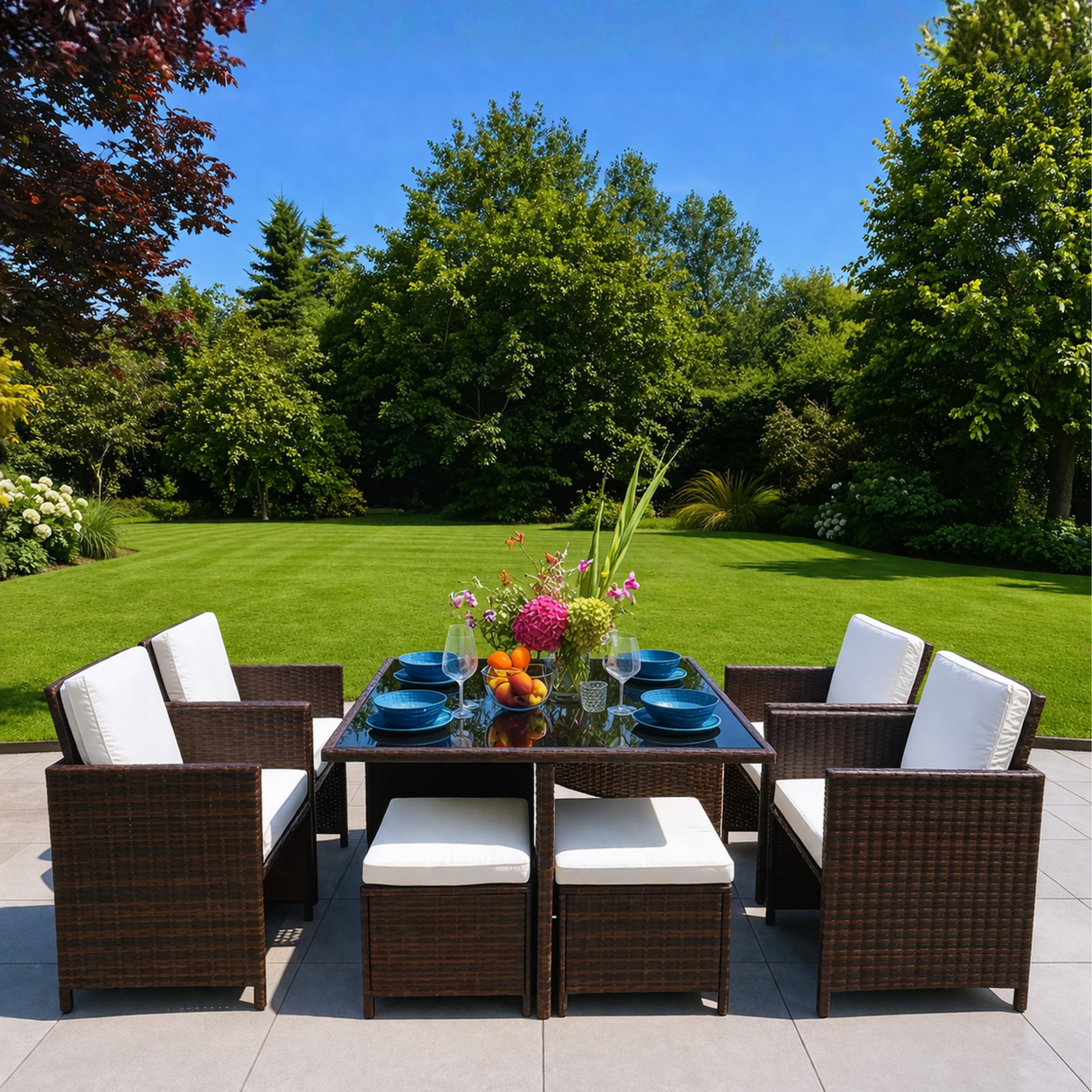 9 Piece Rattan Brown Cube Dining Set