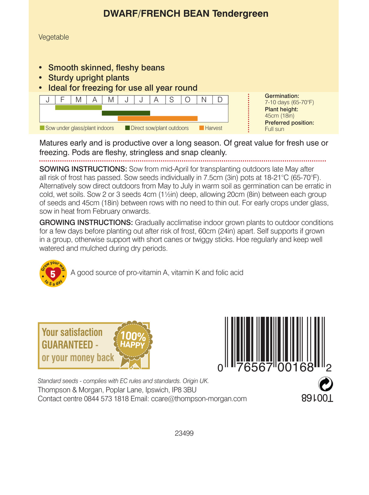 Thompson & Morgan - Dwarf Bean Tendergreen Seeds