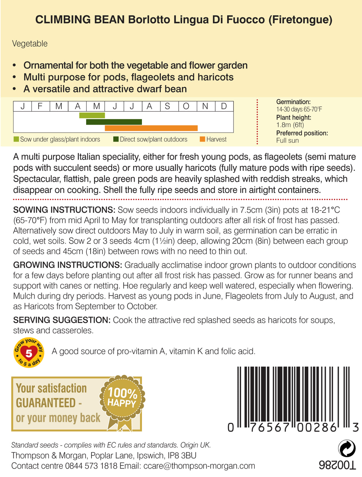 Thompson & Morgan - Climbing Bean Borlotto Lingua (Firetongue) Seeds