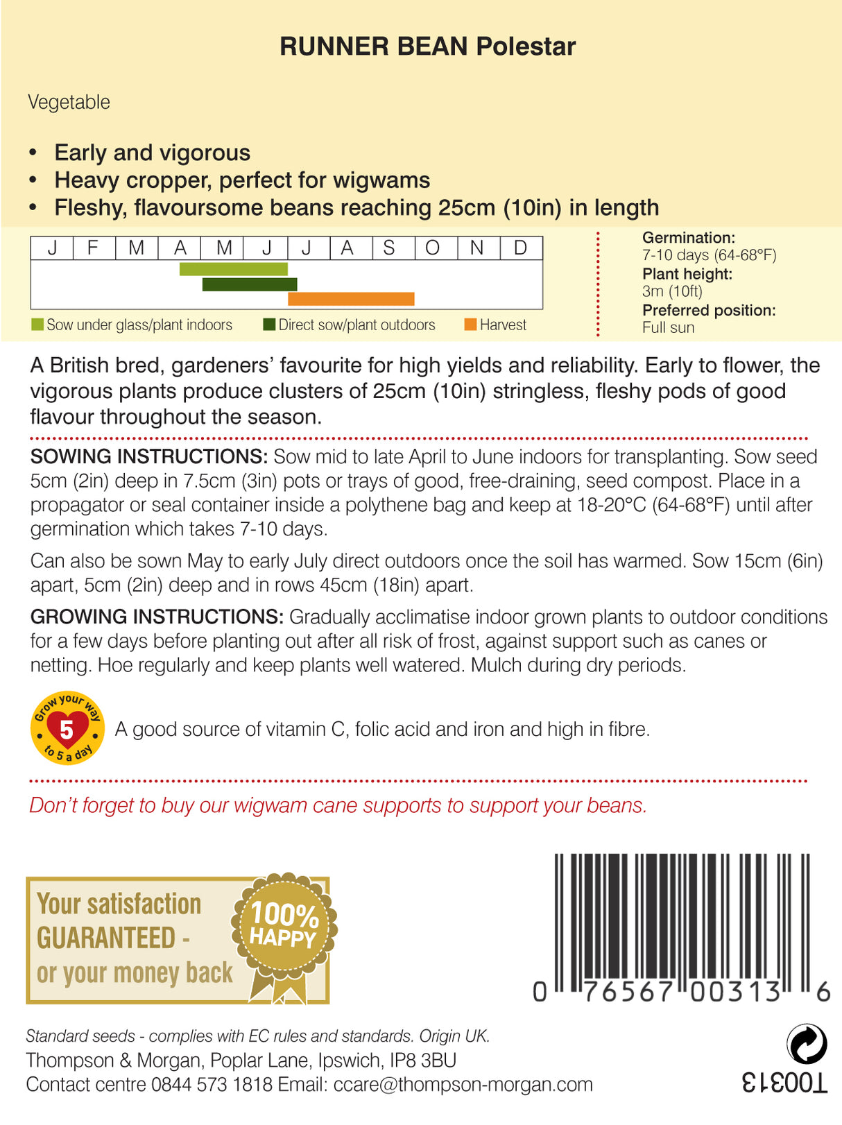 Thompson & Morgan - Runner Bean Polestar Seeds