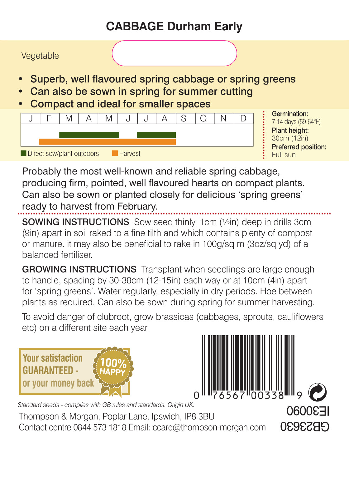 Thompson & Morgan - Cabbage Durham Early Seeds