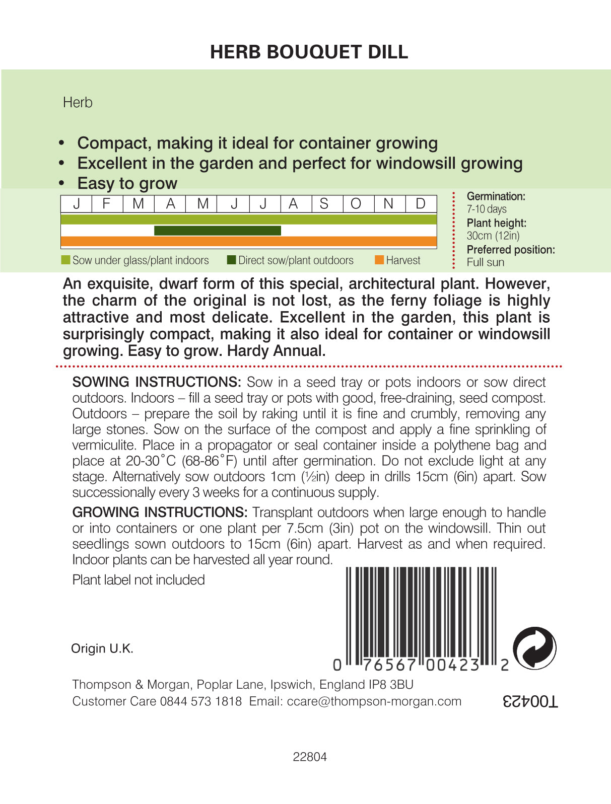 Thompson & Morgan - Herb Bouquet Dill Seeds