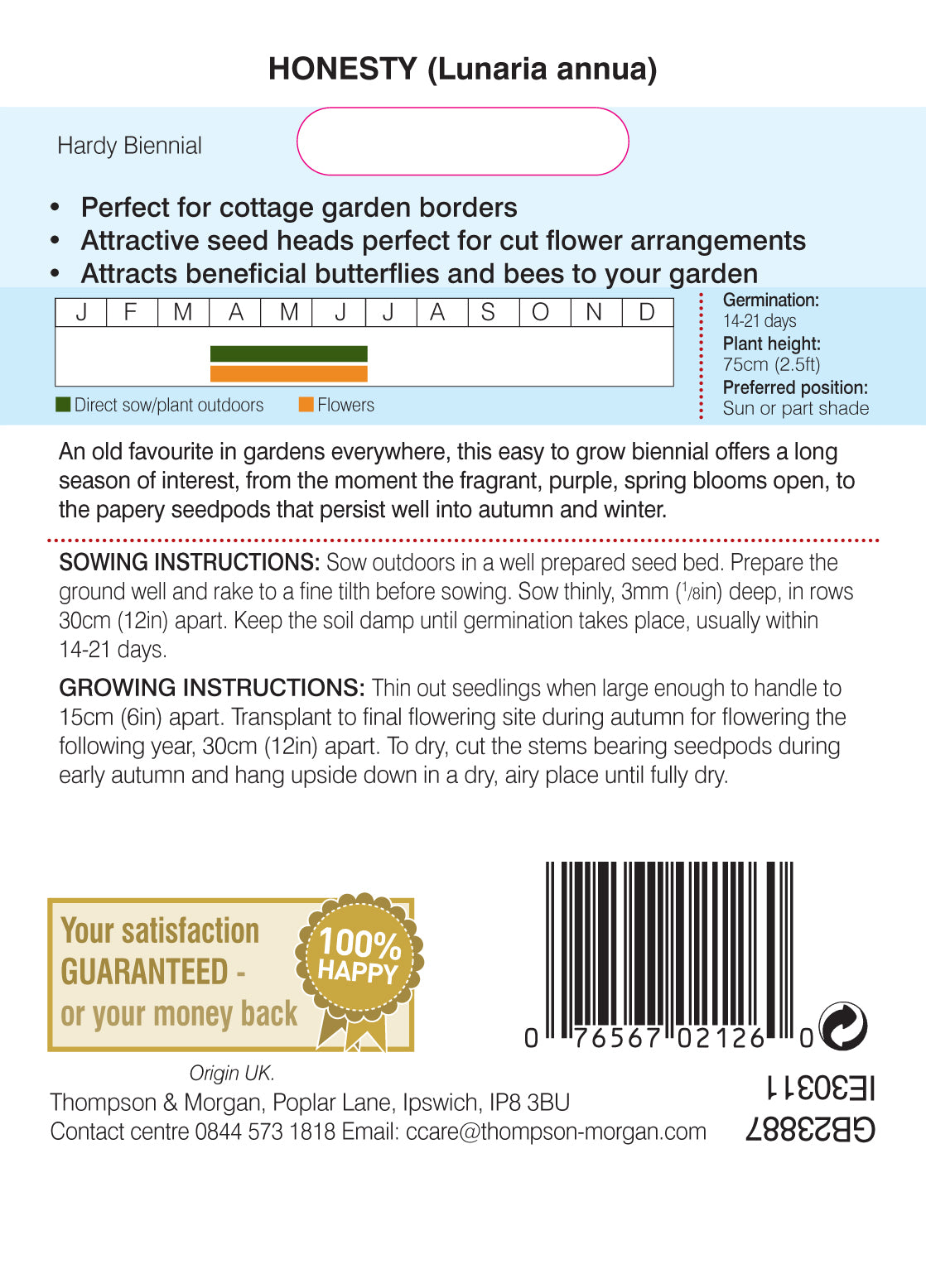 Thompson & Morgan - Honesty (Lunaria or Silver Dollar) Seeds