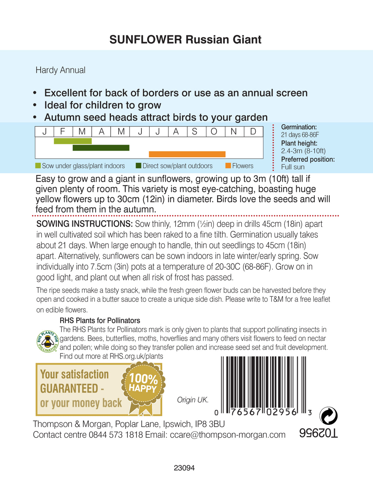 Thompson & Morgan - Sunflower Russian Giant Seeds