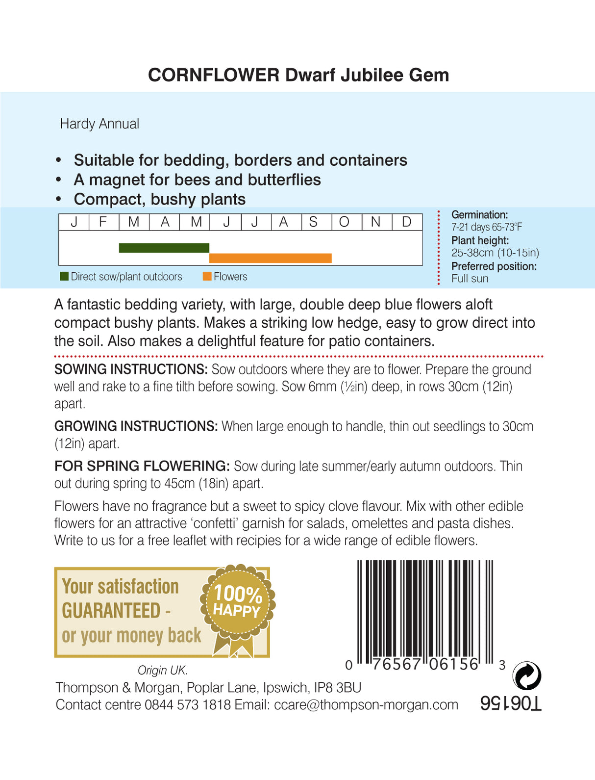 Thompson & Morgan - Cornflower Dwarf Jubilee Gem Seeds