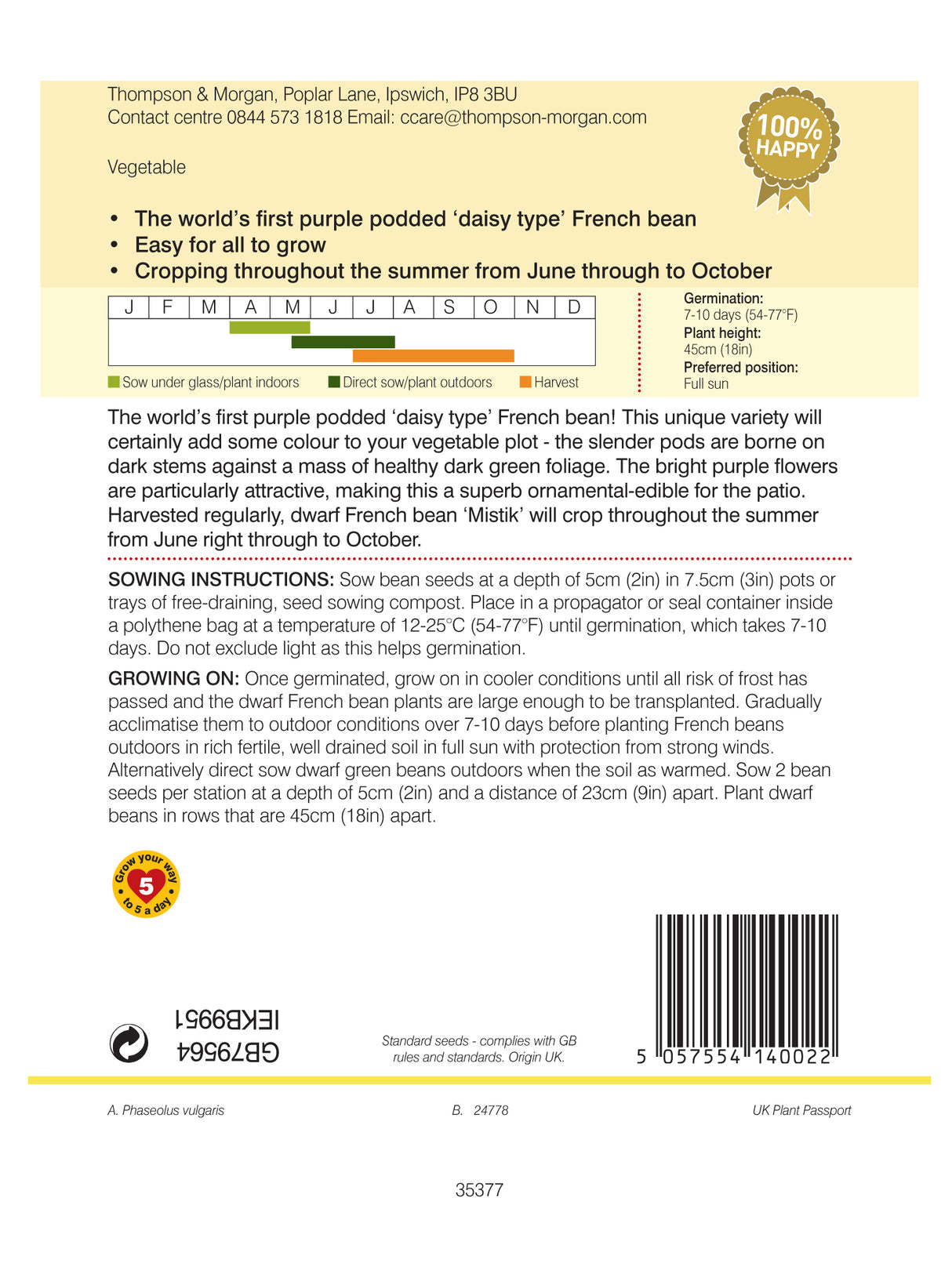 Thompson & Morgan - Dwarf Bean Mistik Seeds