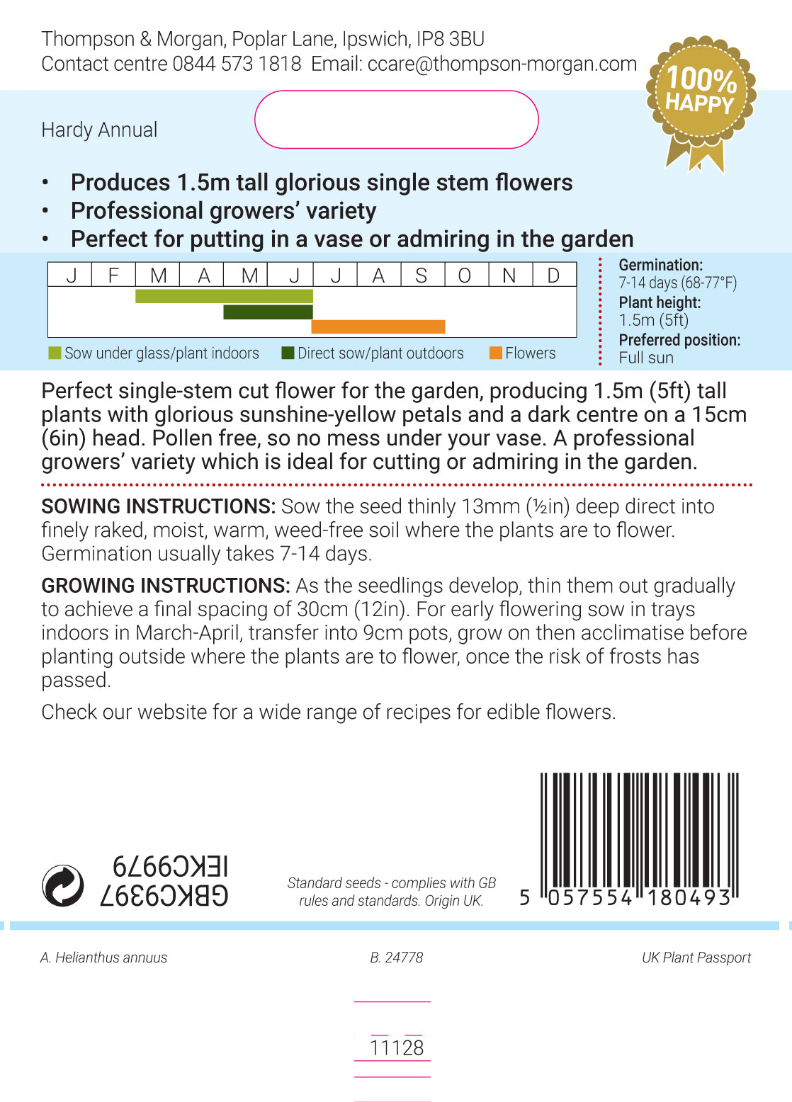 Thompson & Morgan - Sunflower Helianthus Annus Carmel F1 Seeds