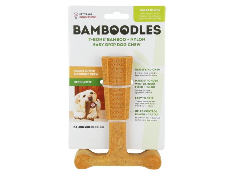 Bamboodles T-Bone Chew Toy Medium Peanut Butter 4"