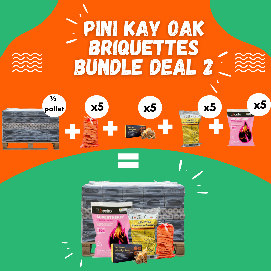 Promotional graphic for Pini Kay Oak Briquettes Bundle Deal 2 with quantities and pallet icon on an orange and green background.