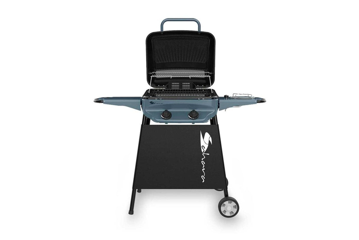 A black Sahara Rapid Assembly Plus 2 Burner BBQ with a side burner, porcelain enamelled hood, stainless steel burners, retractable warming rack, and snap-out side shelves.