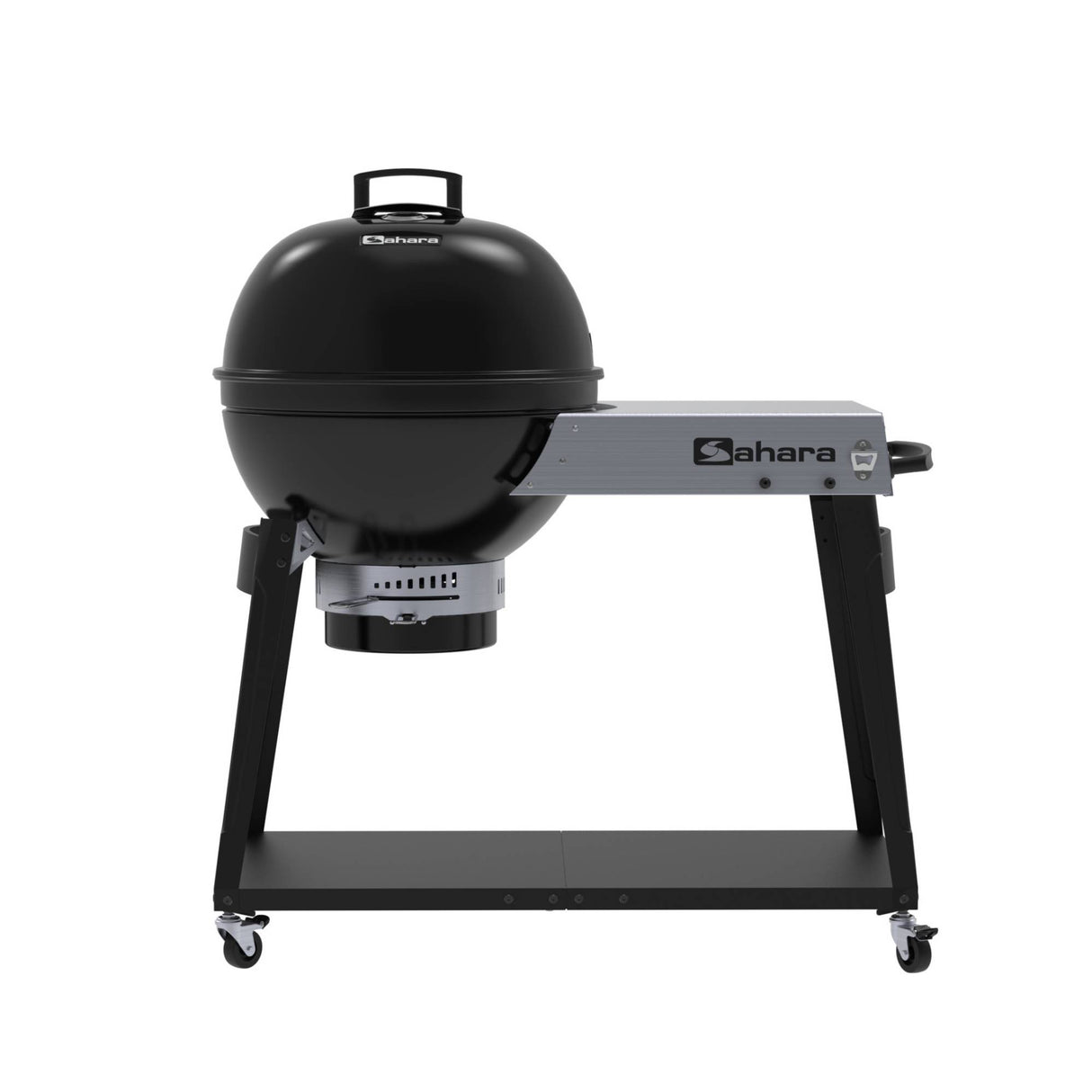 Black barbecue grill with 'Sahara' branding on a white background