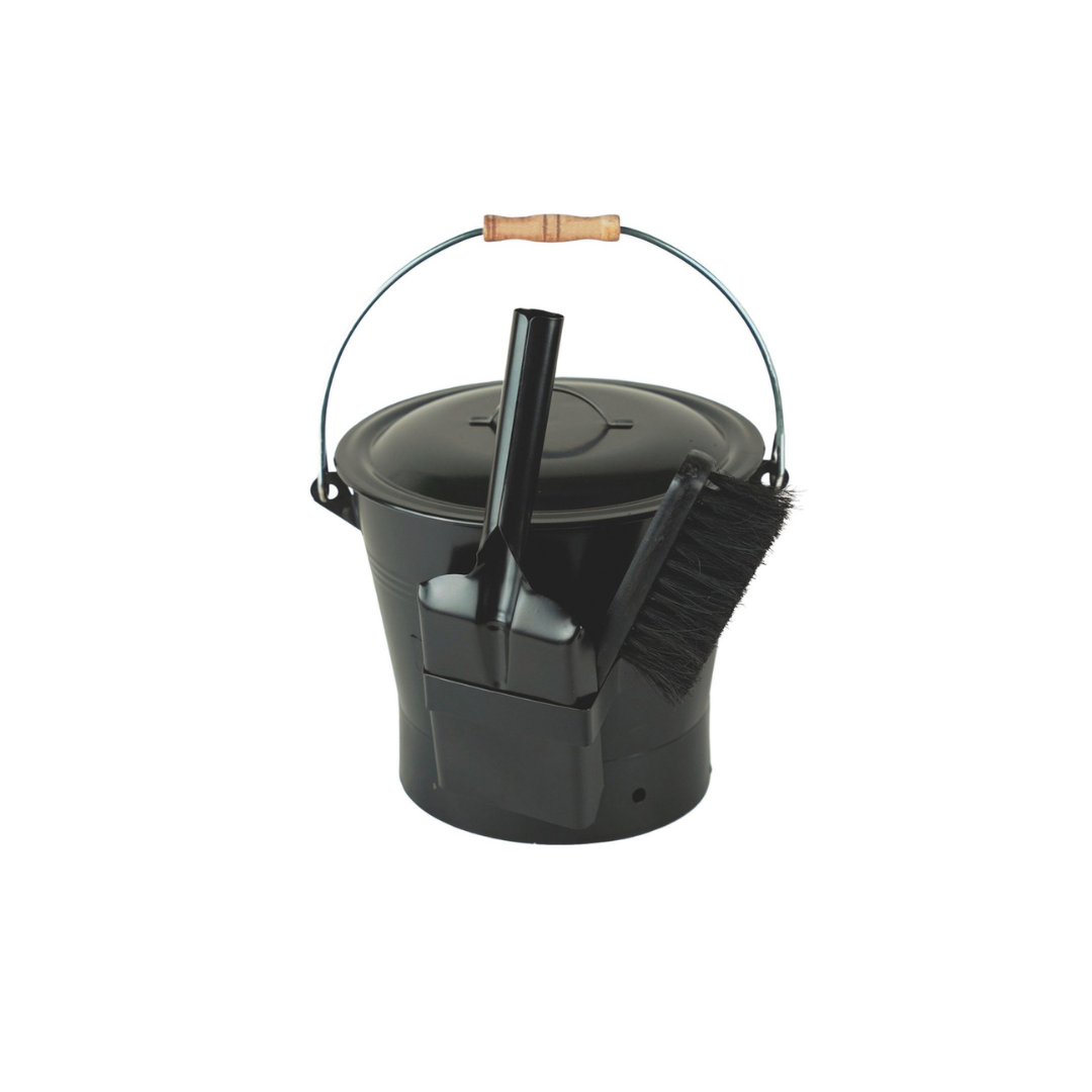 A black iron ash bucket with a lid, a shovel, and a brush, with a metal handle and a wooden grip on the brush.
