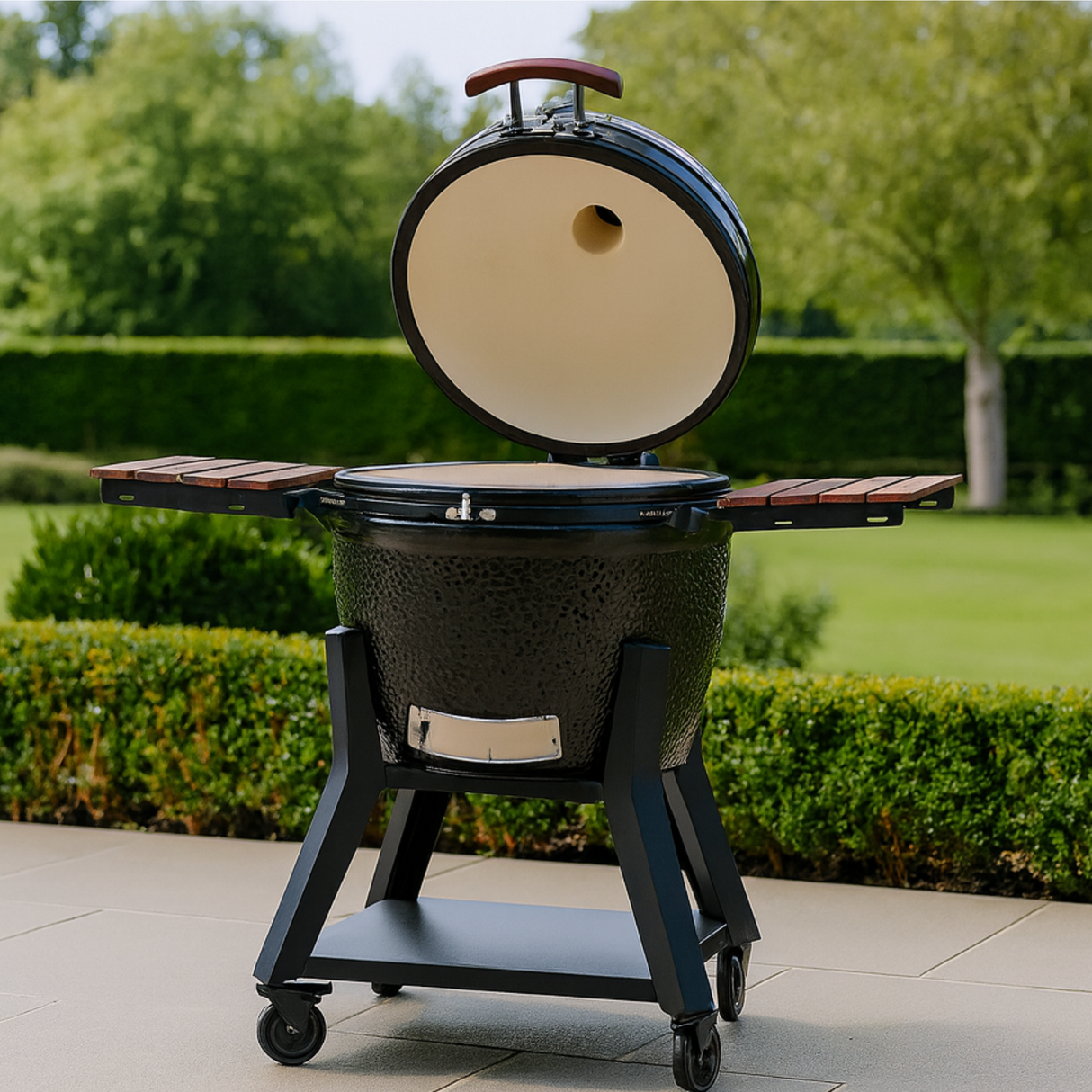 Outdoor grill with open lid on a patio