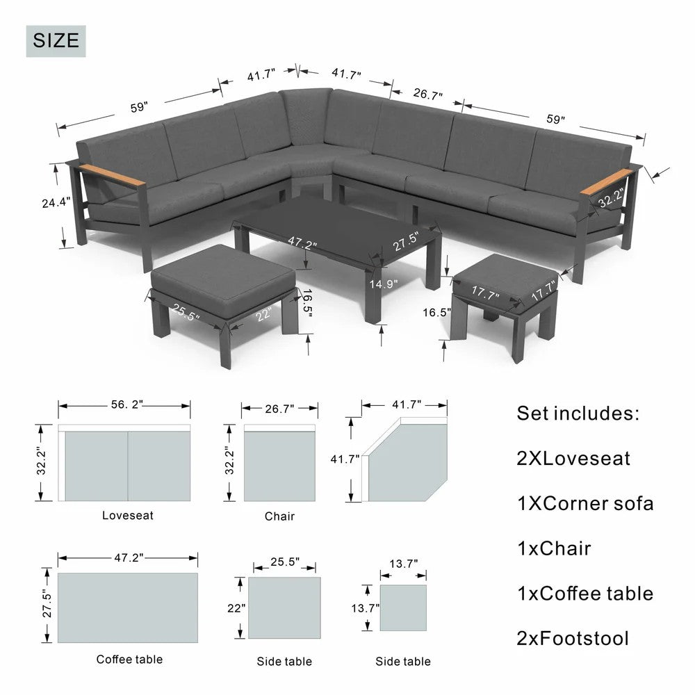Mimo Arve 5 SEATER MODULAR ALUMINIUM OUTDOOR CORNER SOFA SET WITH COFFEE TABLE