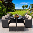 An 11-piece outdoor dining set with a rectangular black wicker table, six matching armchairs with beige cushions, and four matching ottomans, arranged on a stone patio in a lush garden setting.