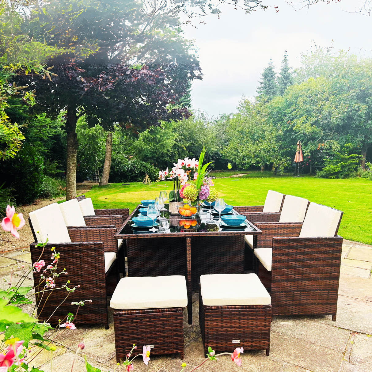 11 Piece Rattan Cube Dining Set in Brown