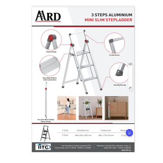 Ard 3 Step Aluminium Slim Step Ladder with Hand Rail