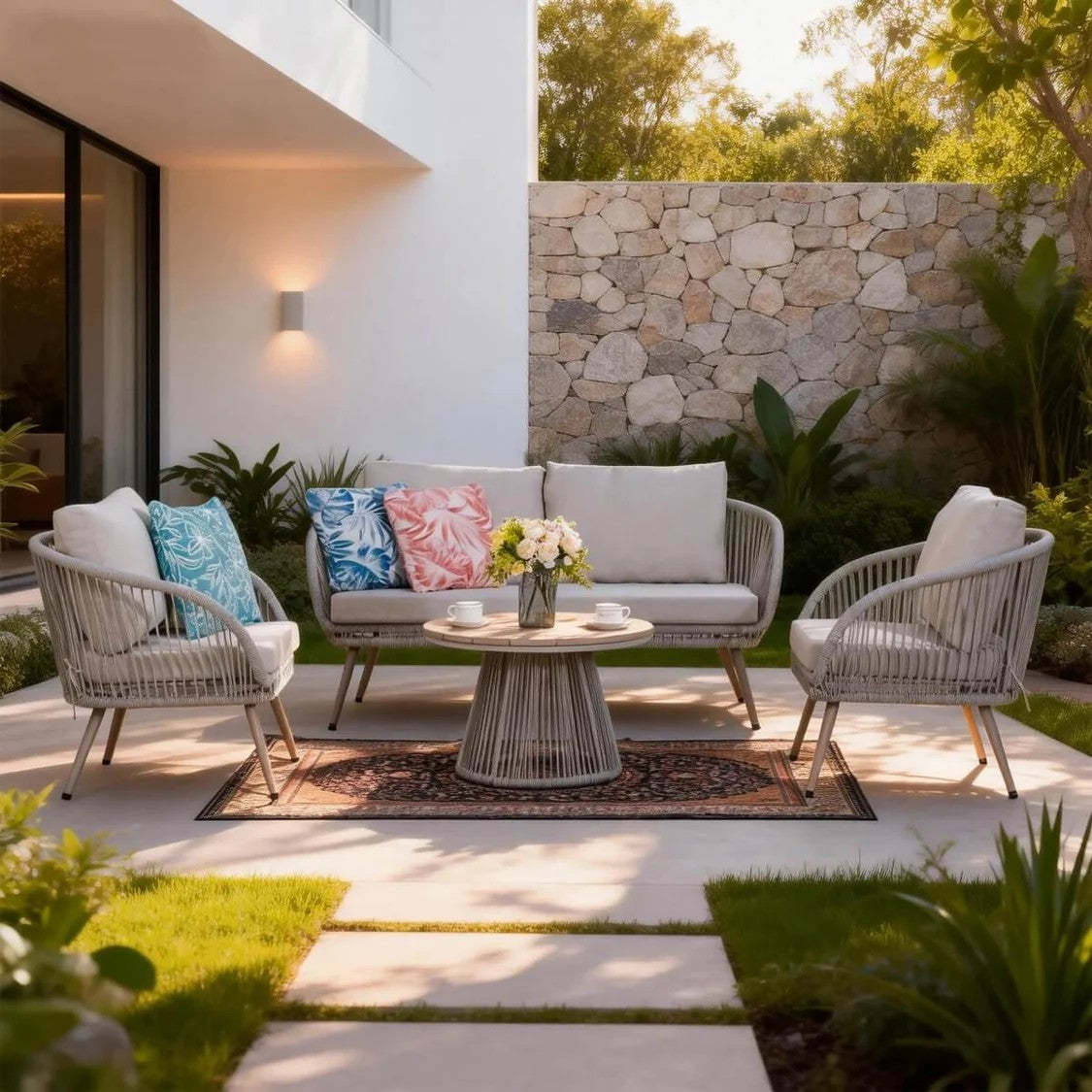4 Seater Outdoor Sofa Set with Round Coffee Table