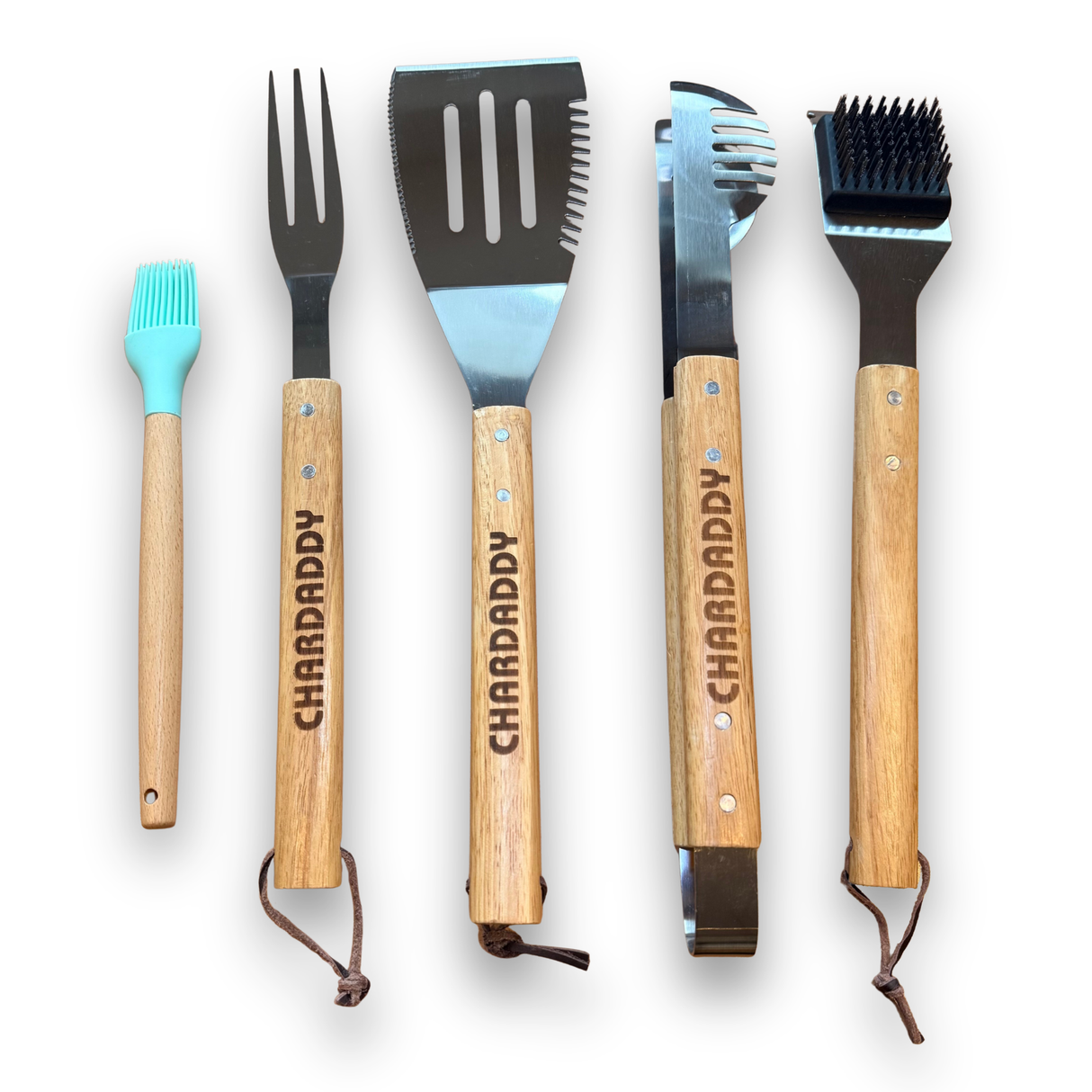Set of five BBQ tools with wooden handles and 'CHARDADDY' branding on a white background.