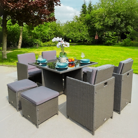 9 Piece Rattan Cube Dining Set - Grey