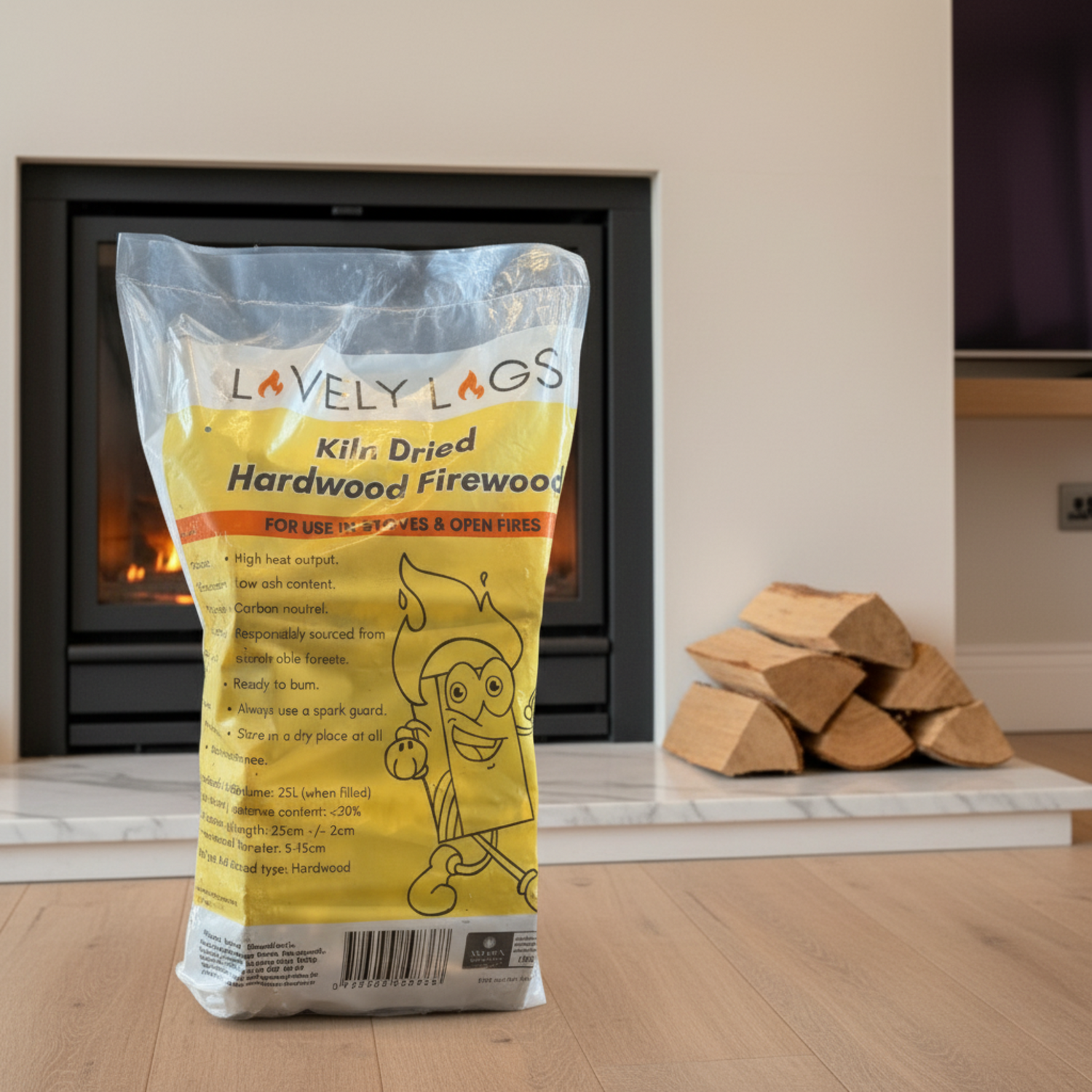 Bag of Lävely Lags kiln-dried hardwood firewood in front of a fireplace.