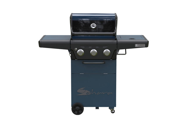 A black Sahara X350 3 Burner Gas BBQ with a closed lid, side burner on the left, main grilling area in the center, and a temperature gauge on the lid.