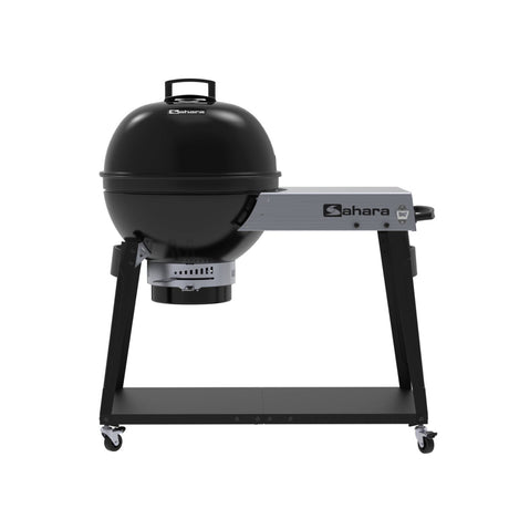 Black barbecue grill with 'Sahara' branding on a white background