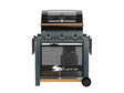 A black Sahara S350 3 Burner Gas BBQ with side trays, a viewing window in the hood, and a retractable warming rack.