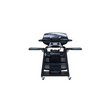 A black Sahara Storm 2 Burner Gas BBQ on a stand with two side tables, a grill insert system, and four castor wheels for mobility.