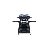 A black Sahara Storm 2 Burner Gas BBQ on a stand with two side tables, a grill insert system, and four castor wheels for mobility.