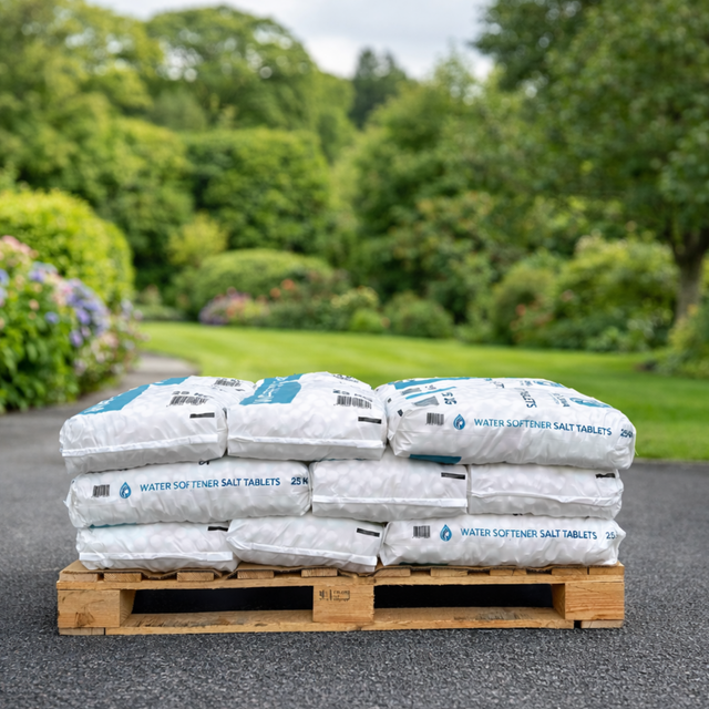 Stack of water softener salt tablets on a wooden pallet with a garden background
