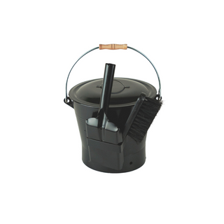 A black iron ash bucket with a lid, a shovel, and a brush, with a metal handle and a wooden grip on the brush.