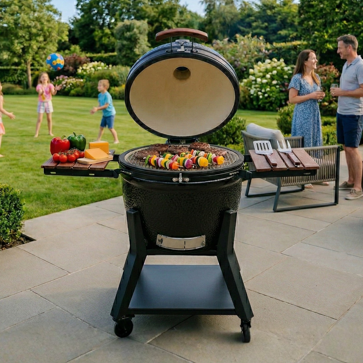 Black Kamado-style grill with skewers on a patio, people in the background