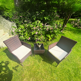 Two wicker chairs with cushions on a grassy area with flowers and plants.