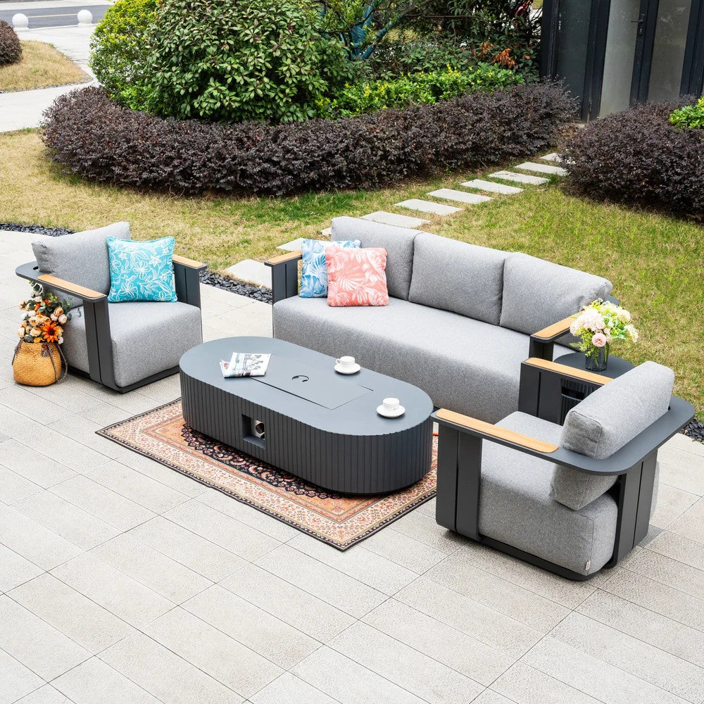 Varel 4 Piece 3 seater Sofa Set Lyrin Fire Pit Table