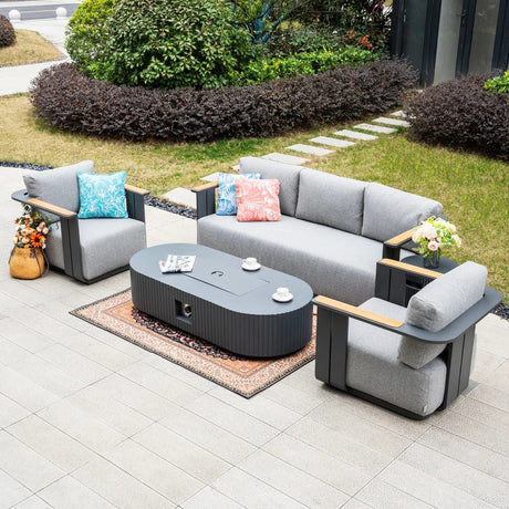 Varel 4 Piece 3 seater Sofa Set Lyrin Fire Pit Table