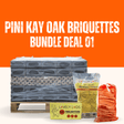 Pini Kay Oak Briquettes Bundle Deal 01 with pallet, Lavelly Lags packaging, and firelighters on an orange background.