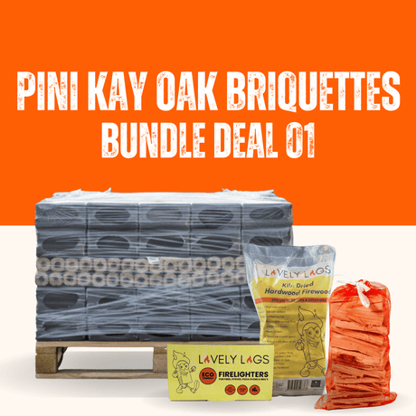 Pini Kay Oak Briquettes Bundle Deal 01 with pallet, Lavelly Lags packaging, and firelighters on an orange background.